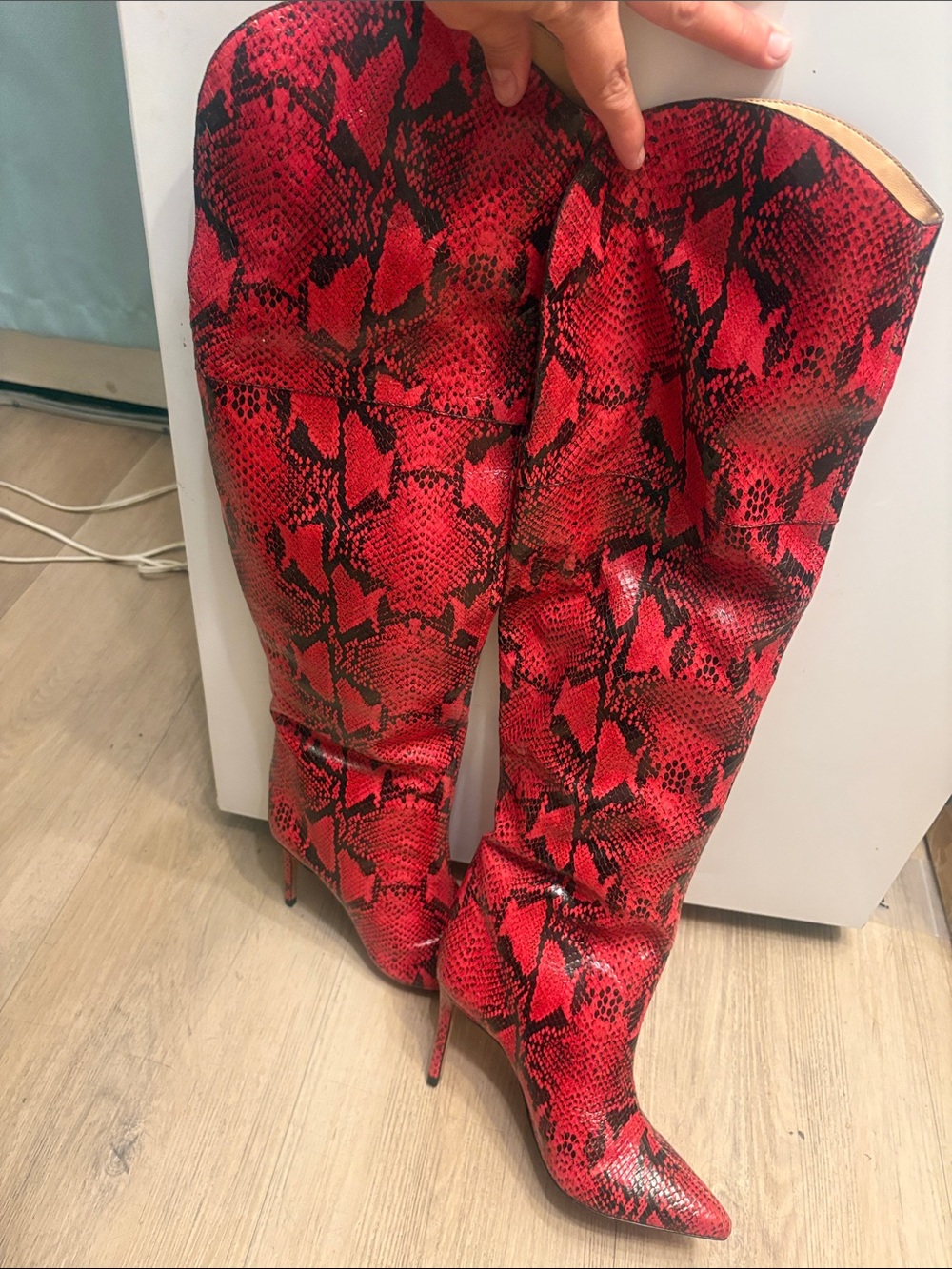 SCHUTZ Red Snake-Print Over-the-Knee Stiletto Boots